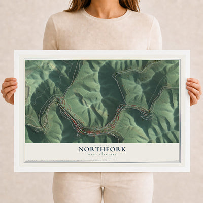 Map of Northfork, West Virginia, 12 x 18 inch print in a white wood frame