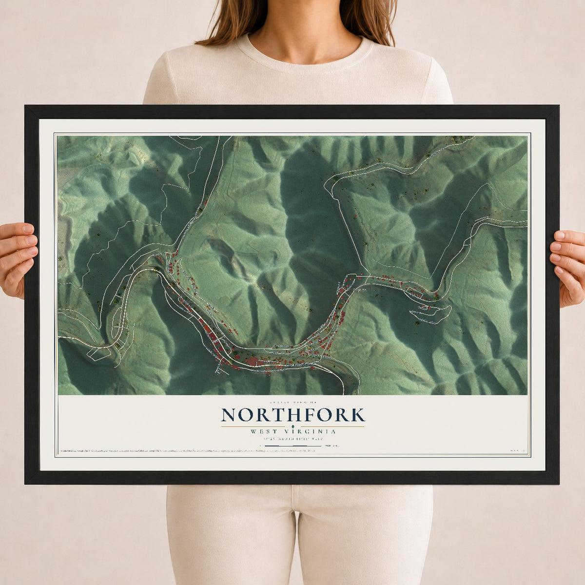Map of Northfork, West Virginia, 18 x 24 inch print in a black wood frame