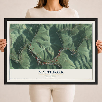 Map of Northfork, West Virginia, 18 x 24 inch print in a black wood frame
