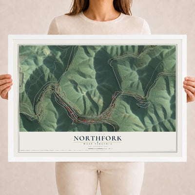Map of Northfork, West Virginia, 18 x 24 inch print in a white wood frame