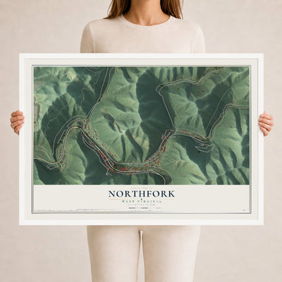 Map of Northfork, West Virginia, 24 x 36 inch print in a white wood frame