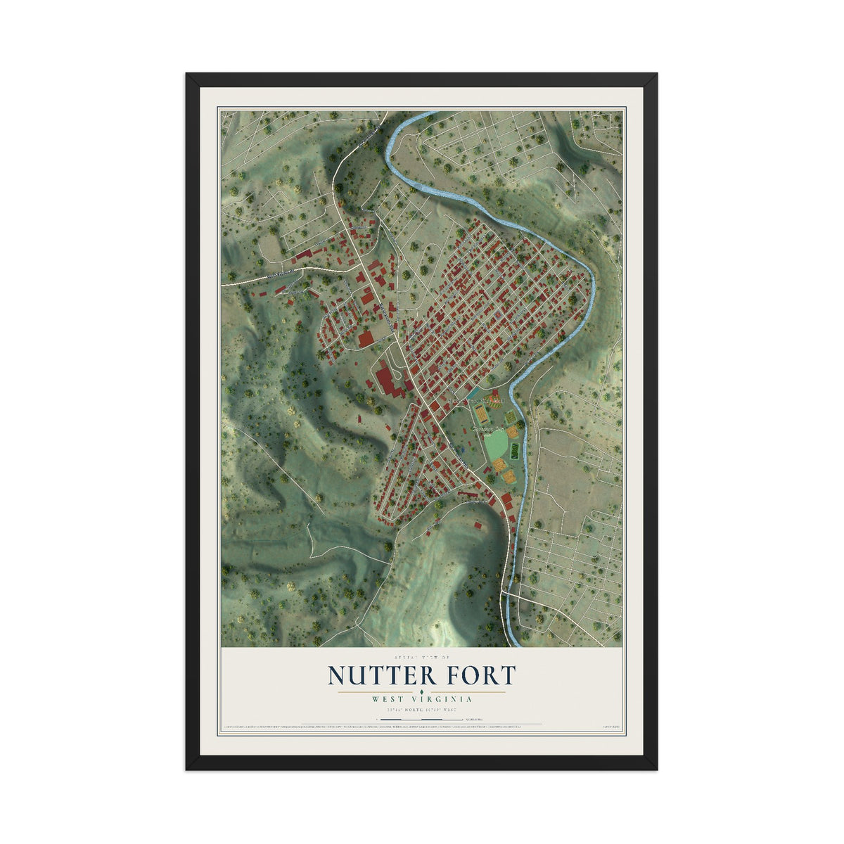 Map of Nutter Fort, West Virginia, 12 x 18 inch print in a black wood frame
