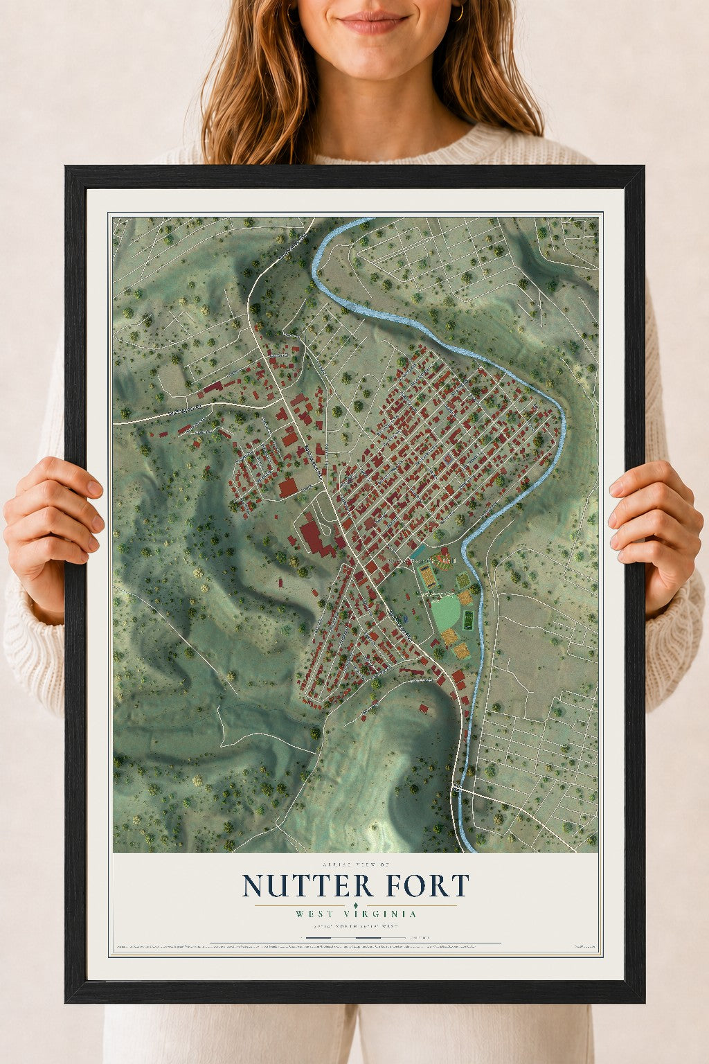 Map of Nutter Fort, West Virginia, 18 x 24 inch print in a black wood frame