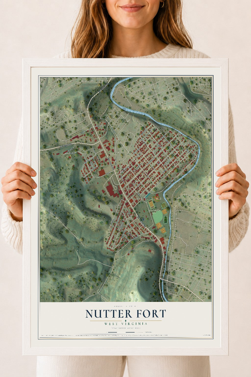 Map of Nutter Fort, West Virginia, 18 x 24 inch print in a white wood frame