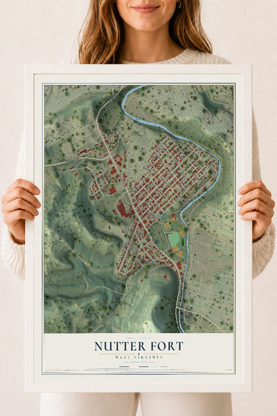 Map of Nutter Fort, West Virginia, 18 x 24 inch print in a white wood frame