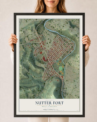 Map of Nutter Fort, West Virginia, 24 x 36 inch print in a black wood frame