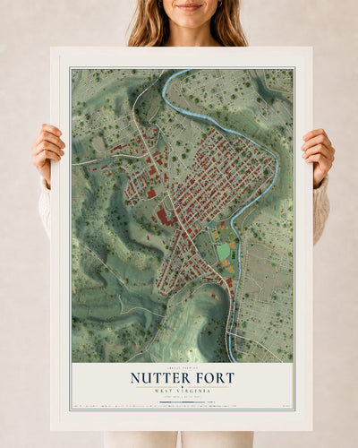 Map of Nutter Fort, West Virginia, 24 x 36 inch print in a white wood frame
