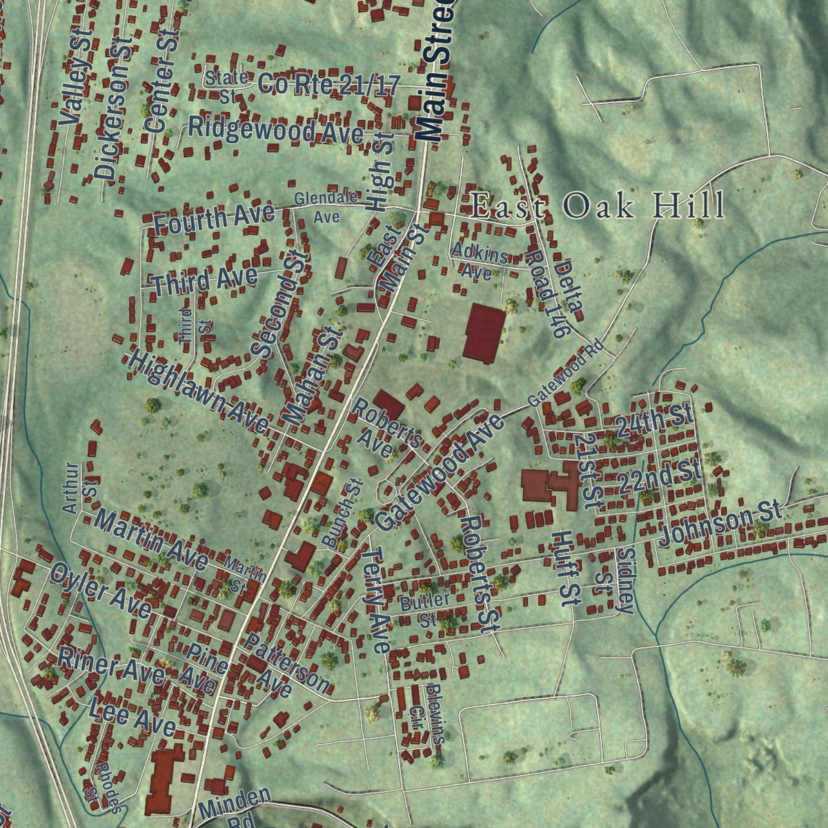Second close-up of the map of Oak Hill, West Virginia print showing more streets and buildings