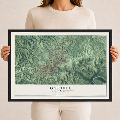 Map of Oak Hill, West Virginia, 12 x 18 inch print in a black wood frame