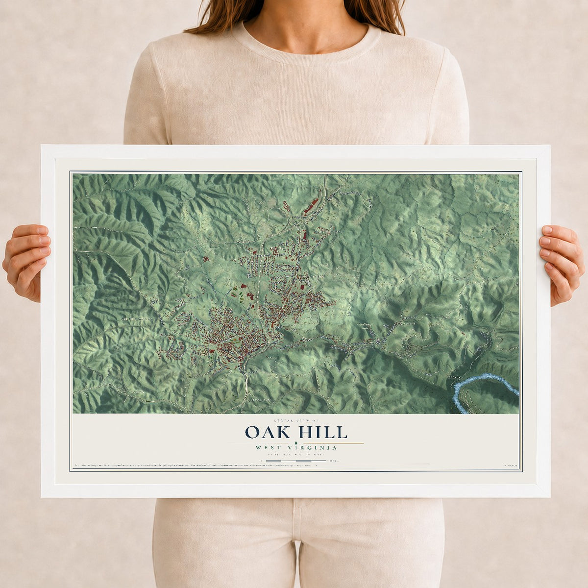 Map of Oak Hill, West Virginia, 12 x 18 inch print in a white wood frame