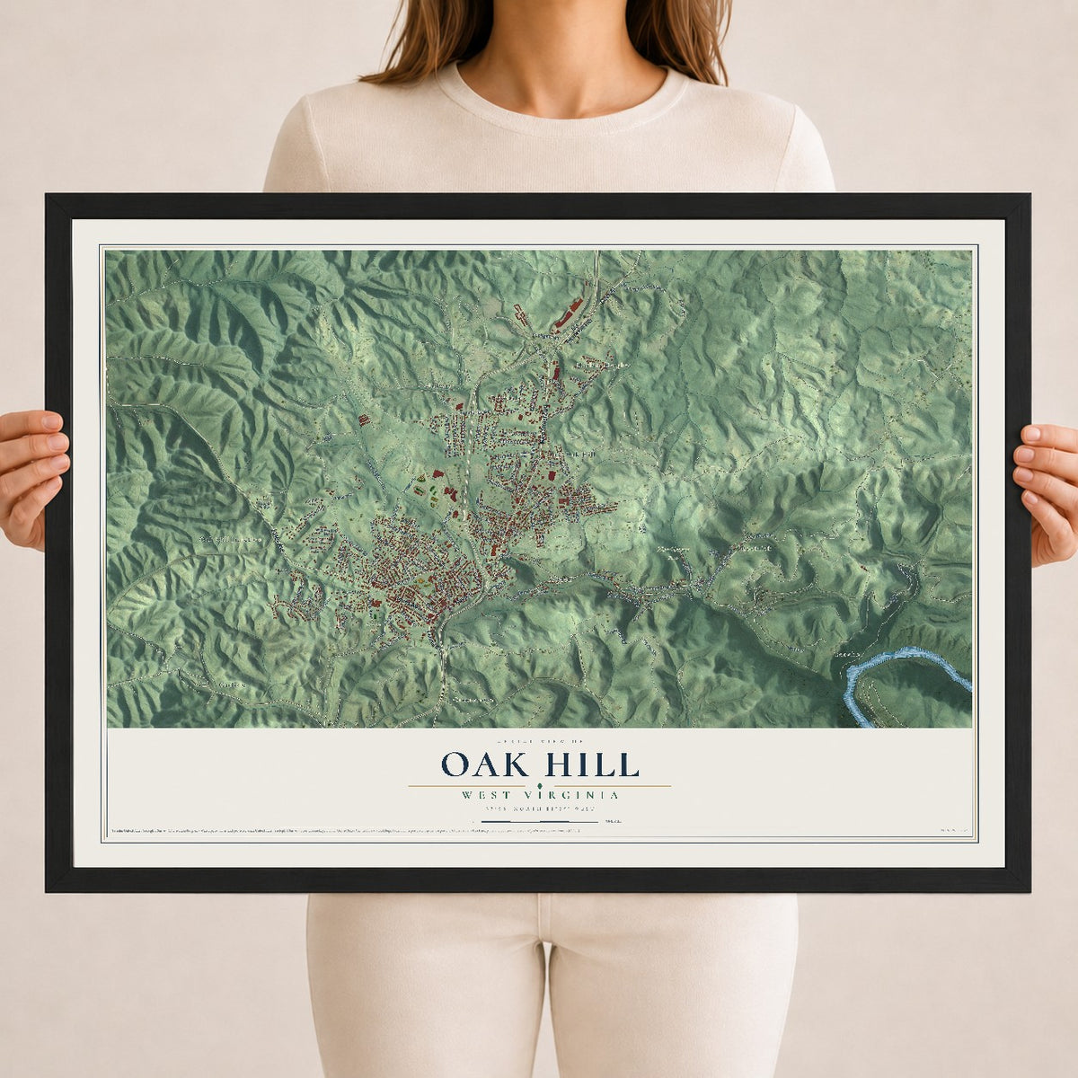 Map of Oak Hill, West Virginia, 18 x 24 inch print in a black wood frame