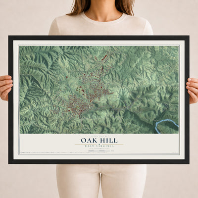 Map of Oak Hill, West Virginia, 18 x 24 inch print in a black wood frame