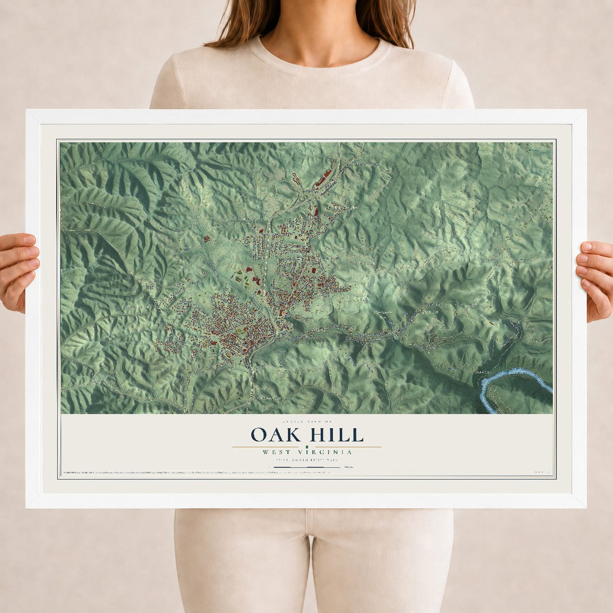 Map of Oak Hill, West Virginia, 18 x 24 inch print in a white wood frame