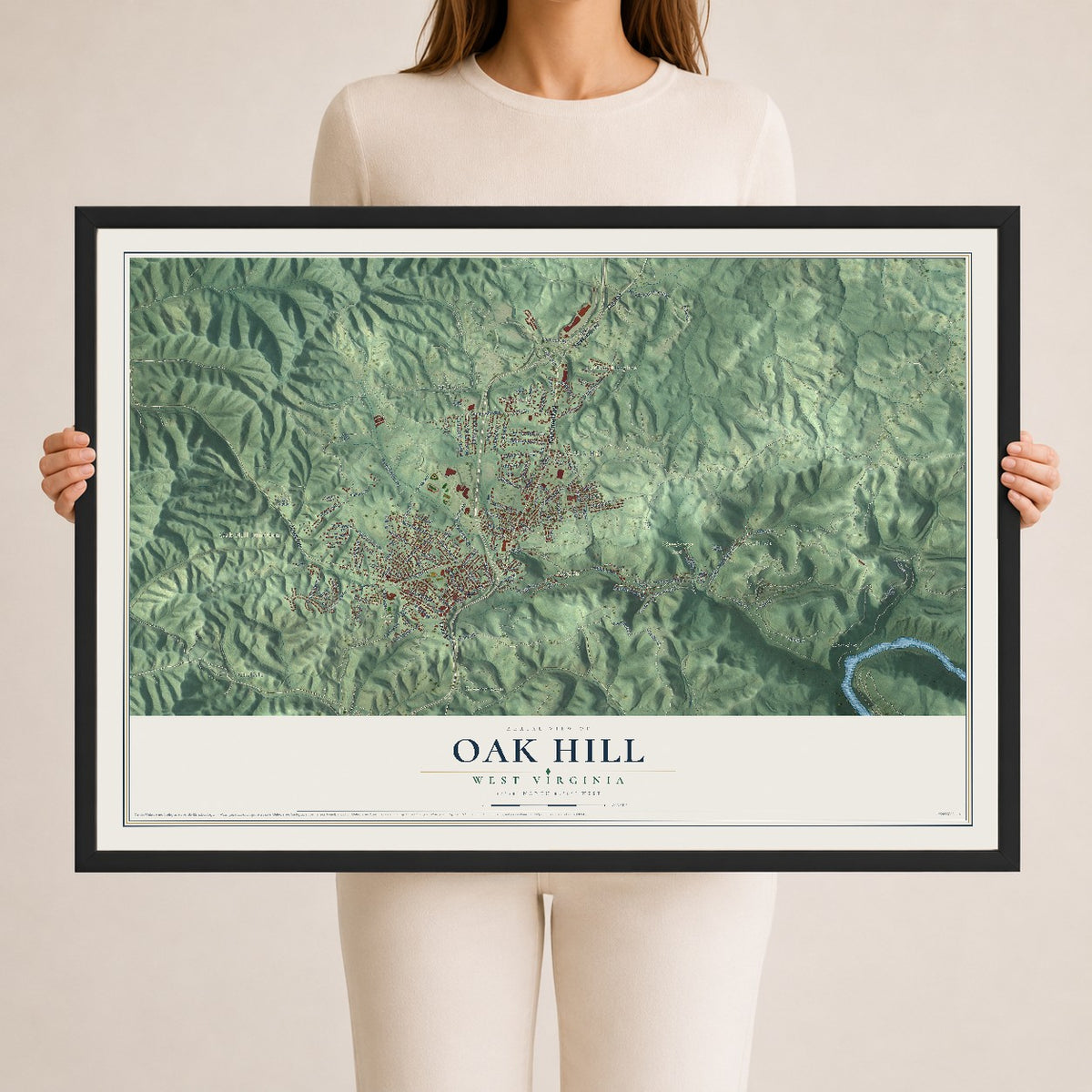 Map of Oak Hill, West Virginia, 24 x 36 inch print in a black wood frame