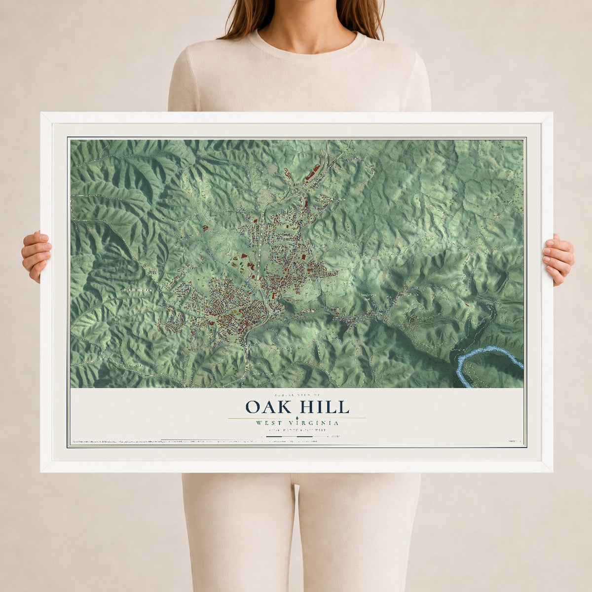 Map of Oak Hill, West Virginia, 24 x 36 inch print in a white wood frame