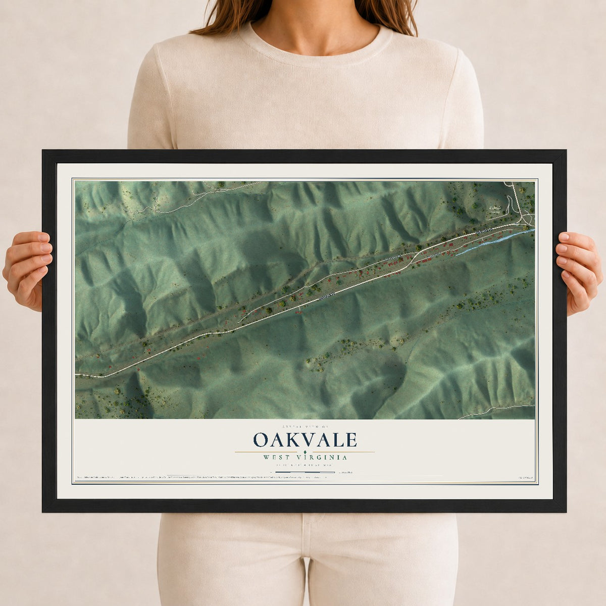 Map of Oakvale, West Virginia, 12 x 18 inch print in a black wood frame