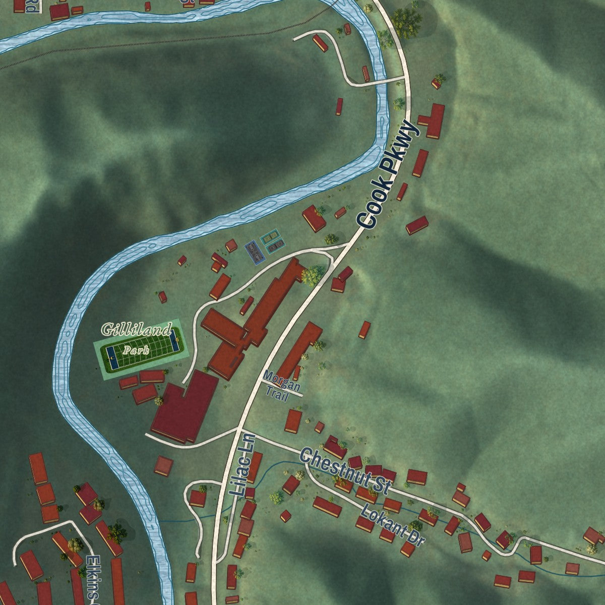 Second close-up of the map of Oceana, West Virginia print showing more streets and buildings