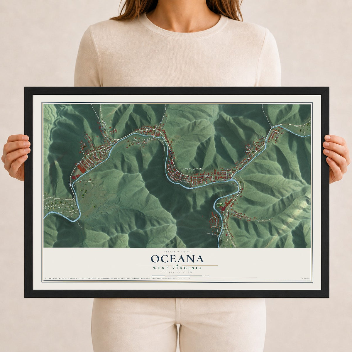Map of Oceana, West Virginia, 12 x 18 inch print in a black wood frame