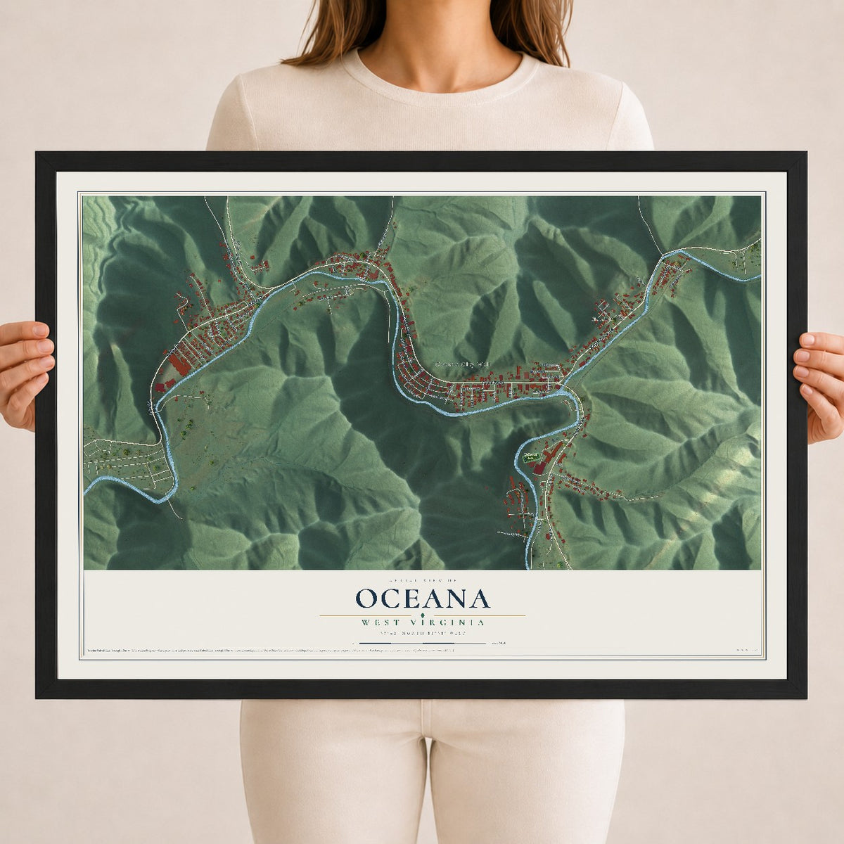 Map of Oceana, West Virginia, 18 x 24 inch print in a black wood frame
