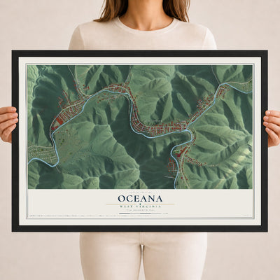 Map of Oceana, West Virginia, 18 x 24 inch print in a black wood frame