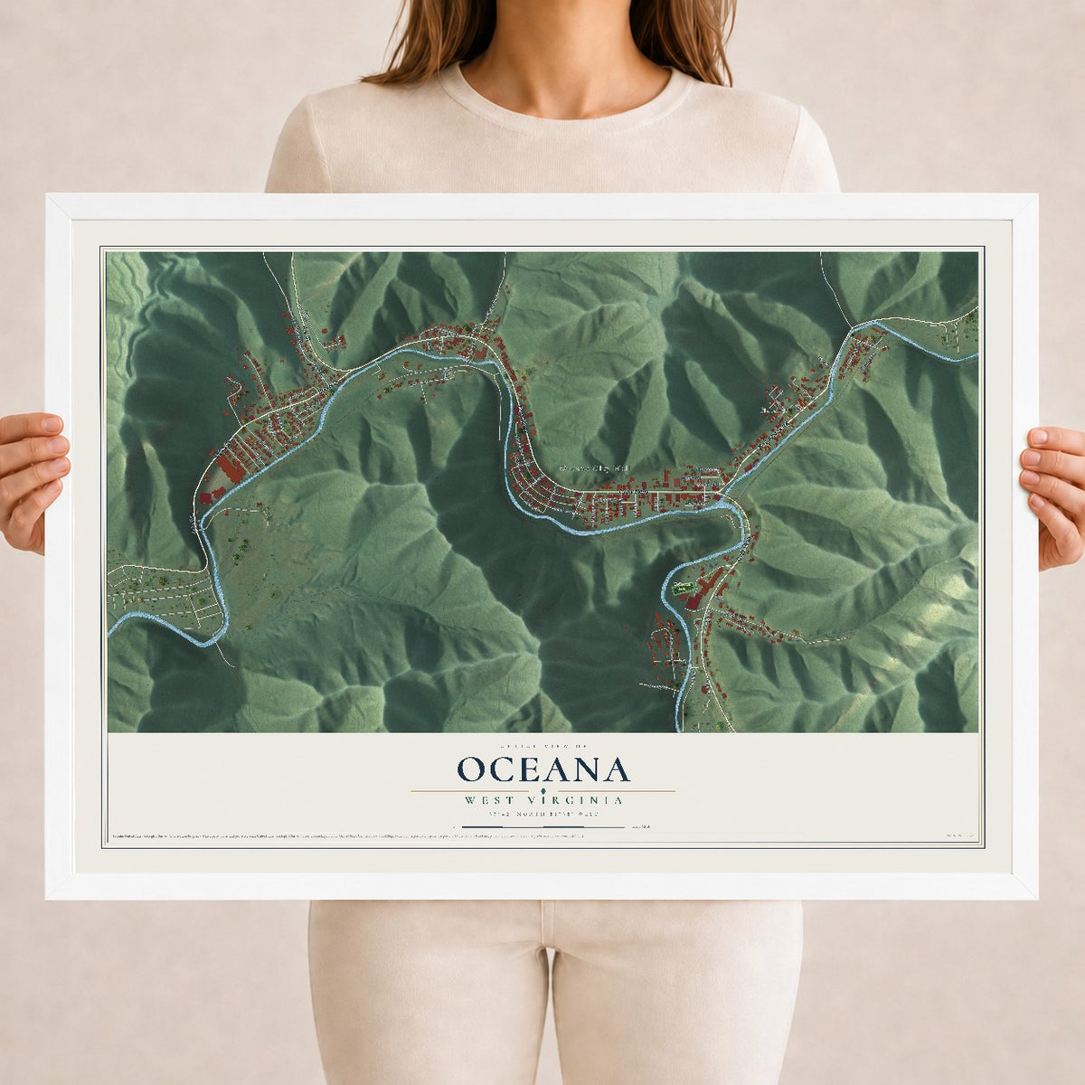 Map of Oceana, West Virginia, 18 x 24 inch print in a white wood frame