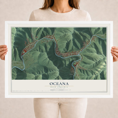 Map of Oceana, West Virginia, 18 x 24 inch print in a white wood frame