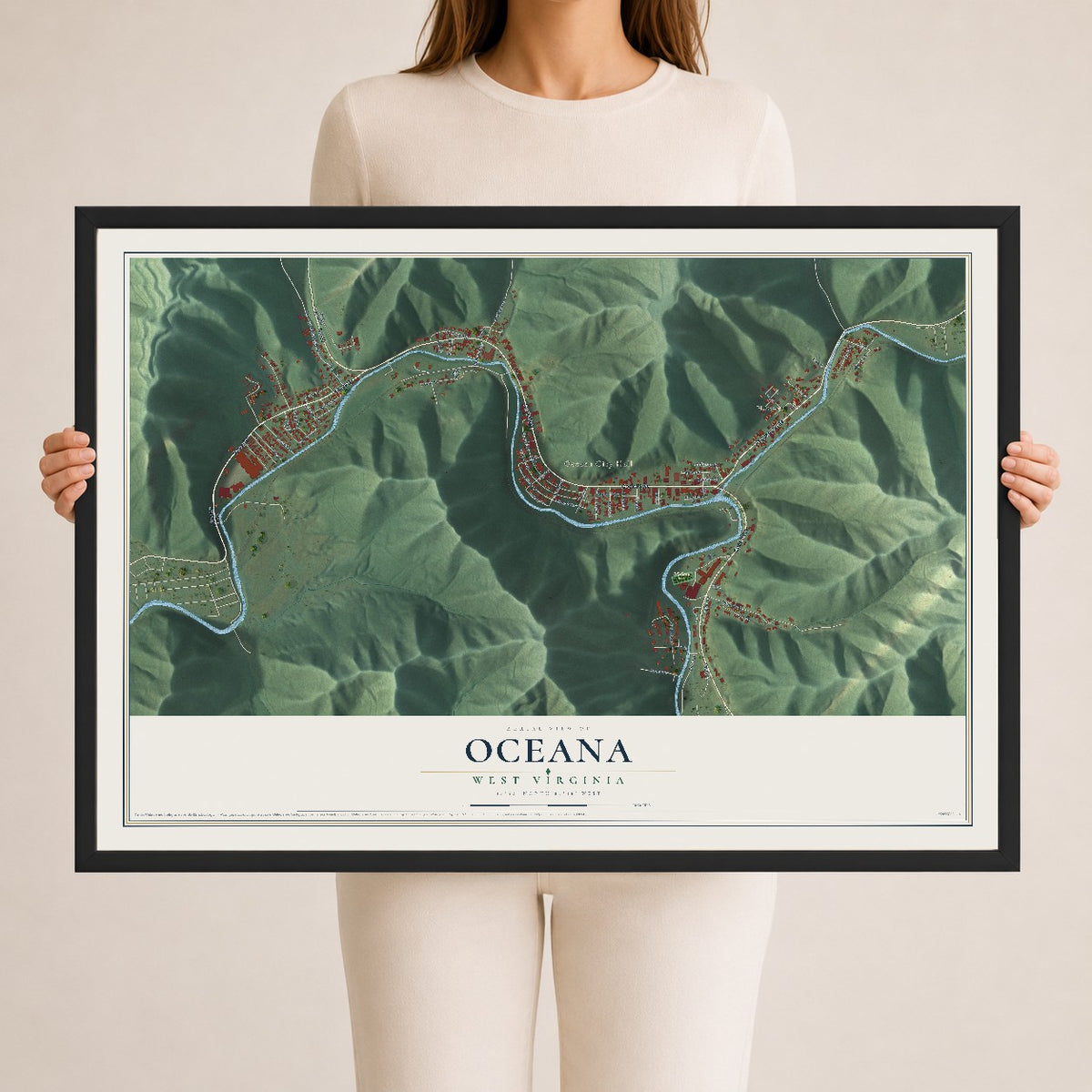 Map of Oceana, West Virginia, 24 x 36 inch print in a black wood frame