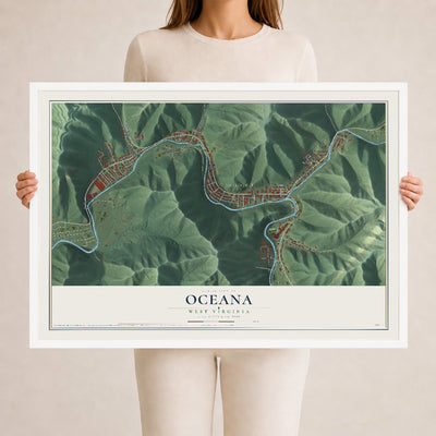 Map of Oceana, West Virginia, 24 x 36 inch print in a white wood frame