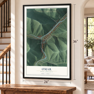 Omar, West Virginia map, 24 x 36 inch print in a black frame by a staircase