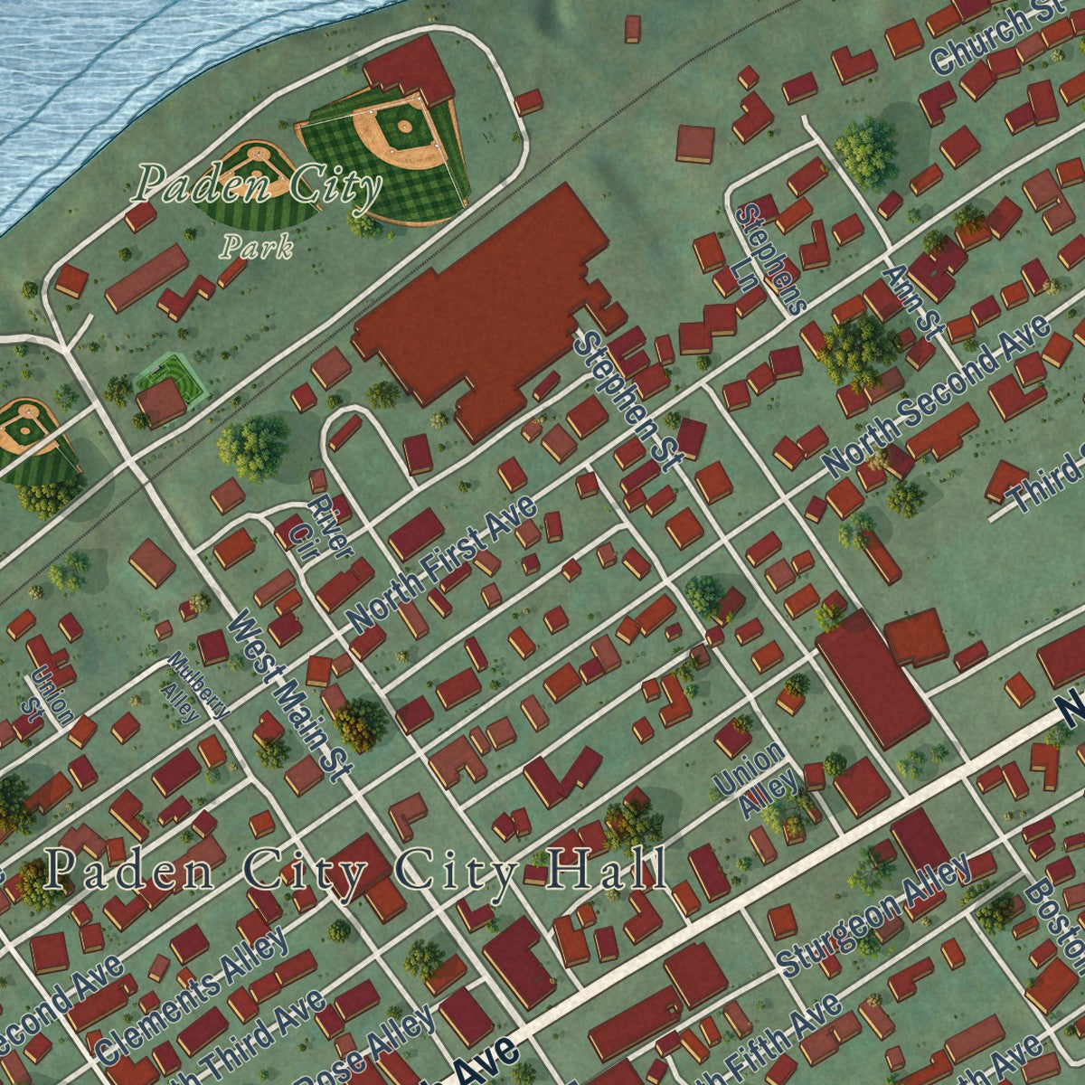 Close-up of the map of Paden City, West Virginia print showing street and building detail