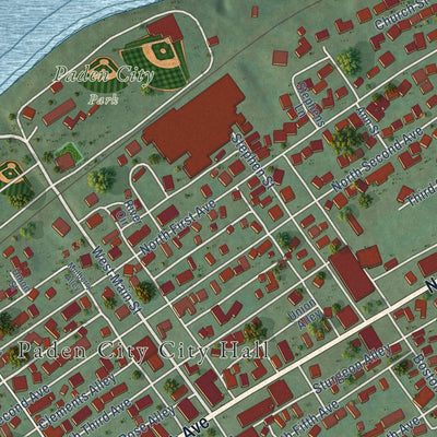 Close-up of the map of Paden City, West Virginia print showing street and building detail