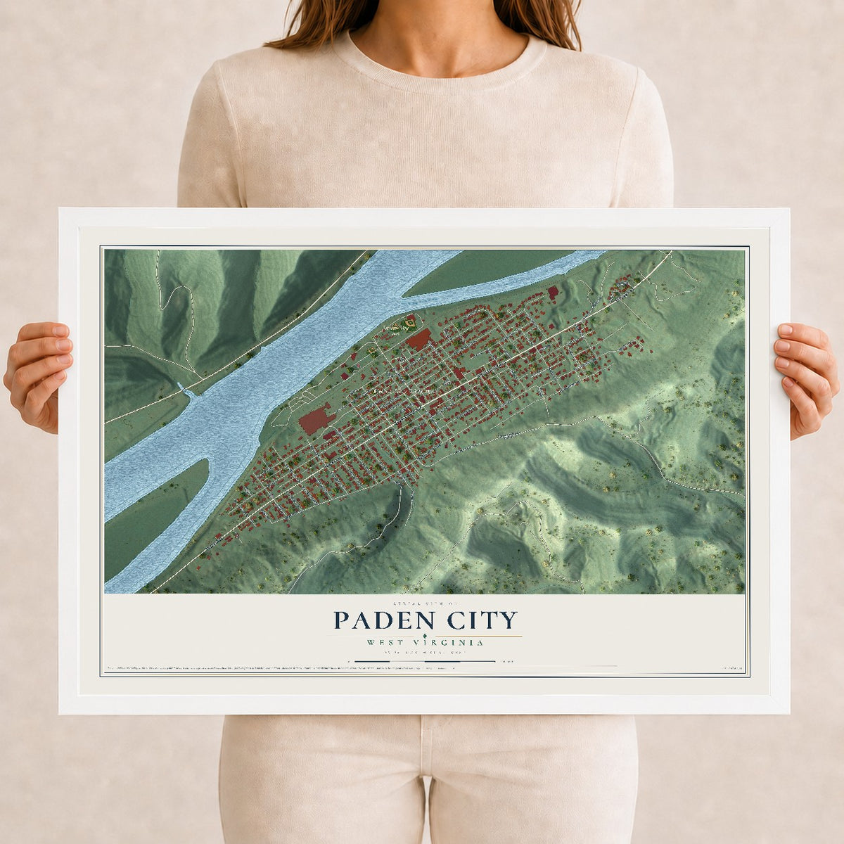 Map of Paden City, West Virginia, 12 x 18 inch print in a white wood frame
