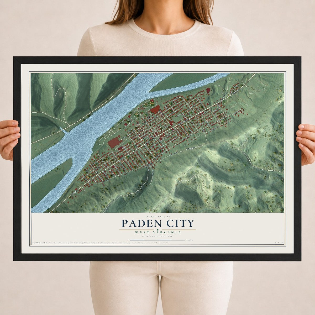 Map of Paden City, West Virginia, 18 x 24 inch print in a black wood frame