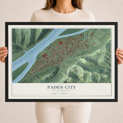 Map of Paden City, West Virginia, 18 x 24 inch print in a black wood frame