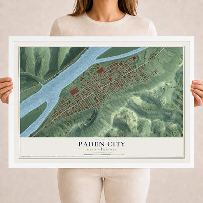 Map of Paden City, West Virginia, 18 x 24 inch print in a white wood frame