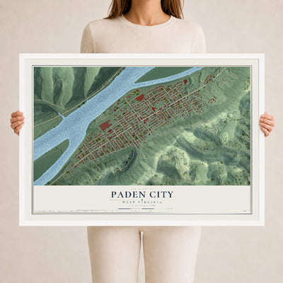 Map of Paden City, West Virginia, 24 x 36 inch print in a white wood frame