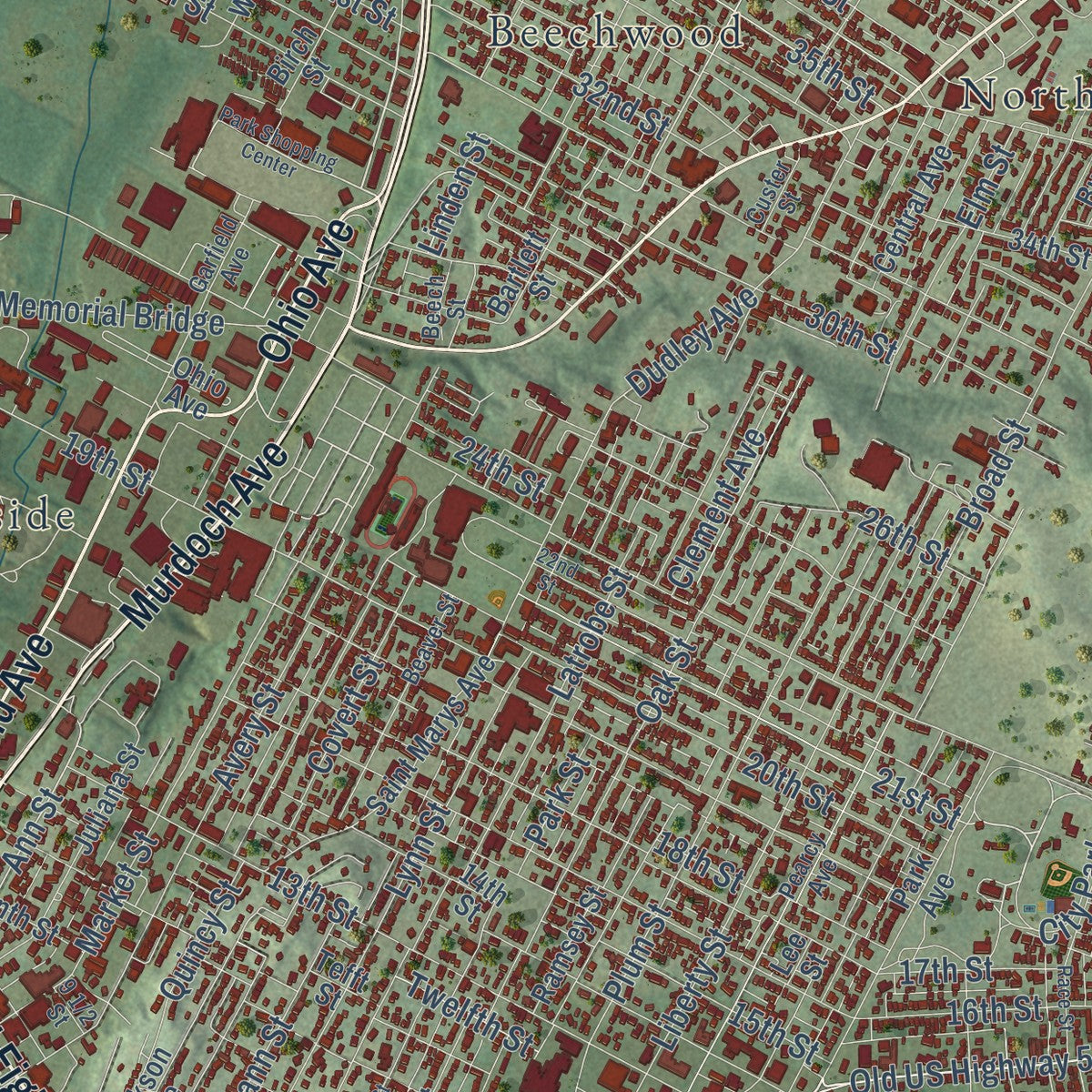 Close-up of the map of Parkersburg, West Virginia print showing street and building detail