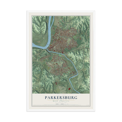 Map of Parkersburg, West Virginia, 12 x 18 inch print in a white wood frame