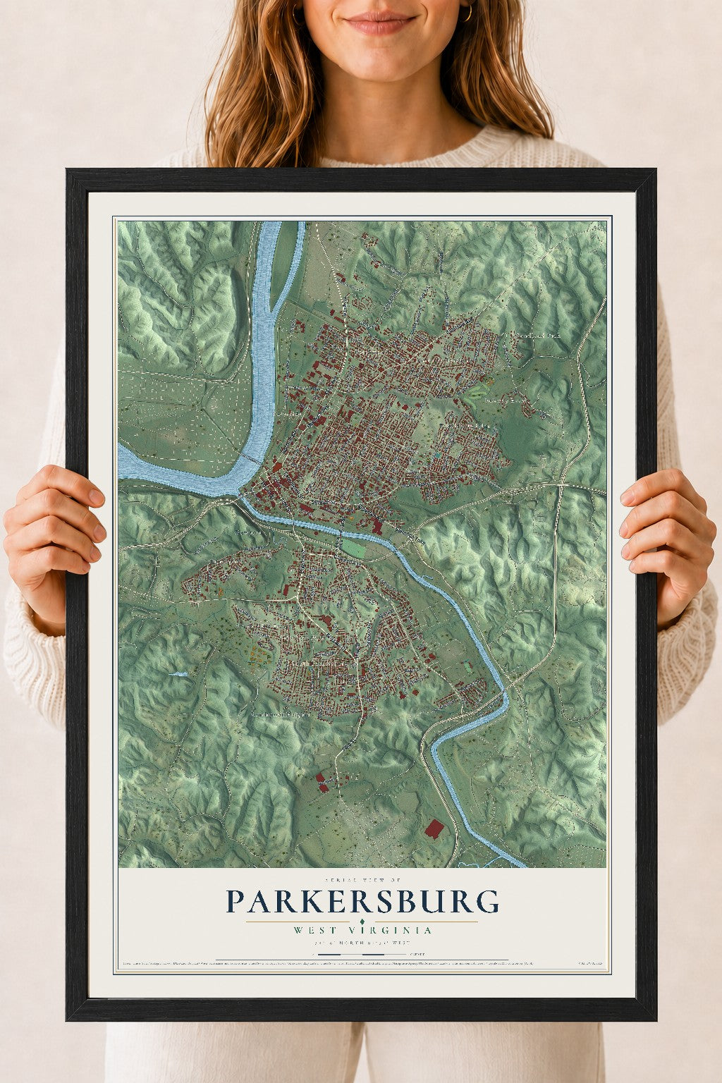 Map of Parkersburg, West Virginia, 18 x 24 inch print in a black wood frame