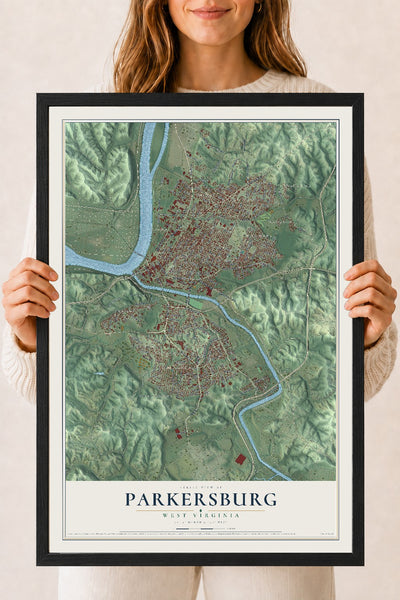 Map of Parkersburg, West Virginia, 18 x 24 inch print in a black wood frame