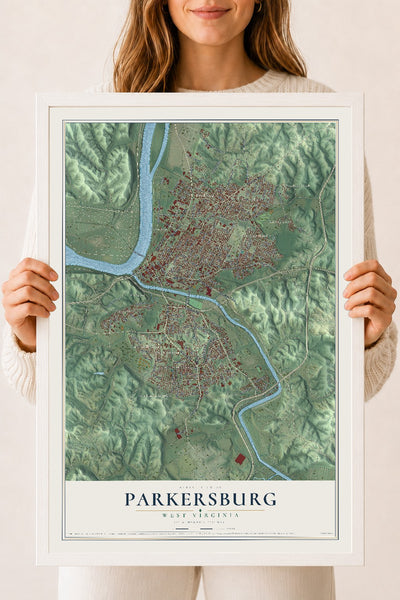 Map of Parkersburg, West Virginia, 18 x 24 inch print in a white wood frame