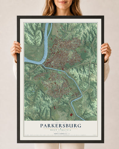 Map of Parkersburg, West Virginia, 24 x 36 inch print in a black wood frame