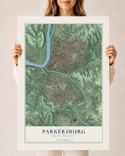 Map of Parkersburg, West Virginia, 24 x 36 inch print in a white wood frame