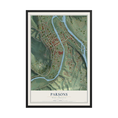 Map of Parsons, West Virginia, 12 x 18 inch print in a black wood frame