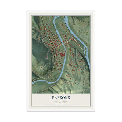 Map of Parsons, West Virginia, 12 x 18 inch print in a white wood frame