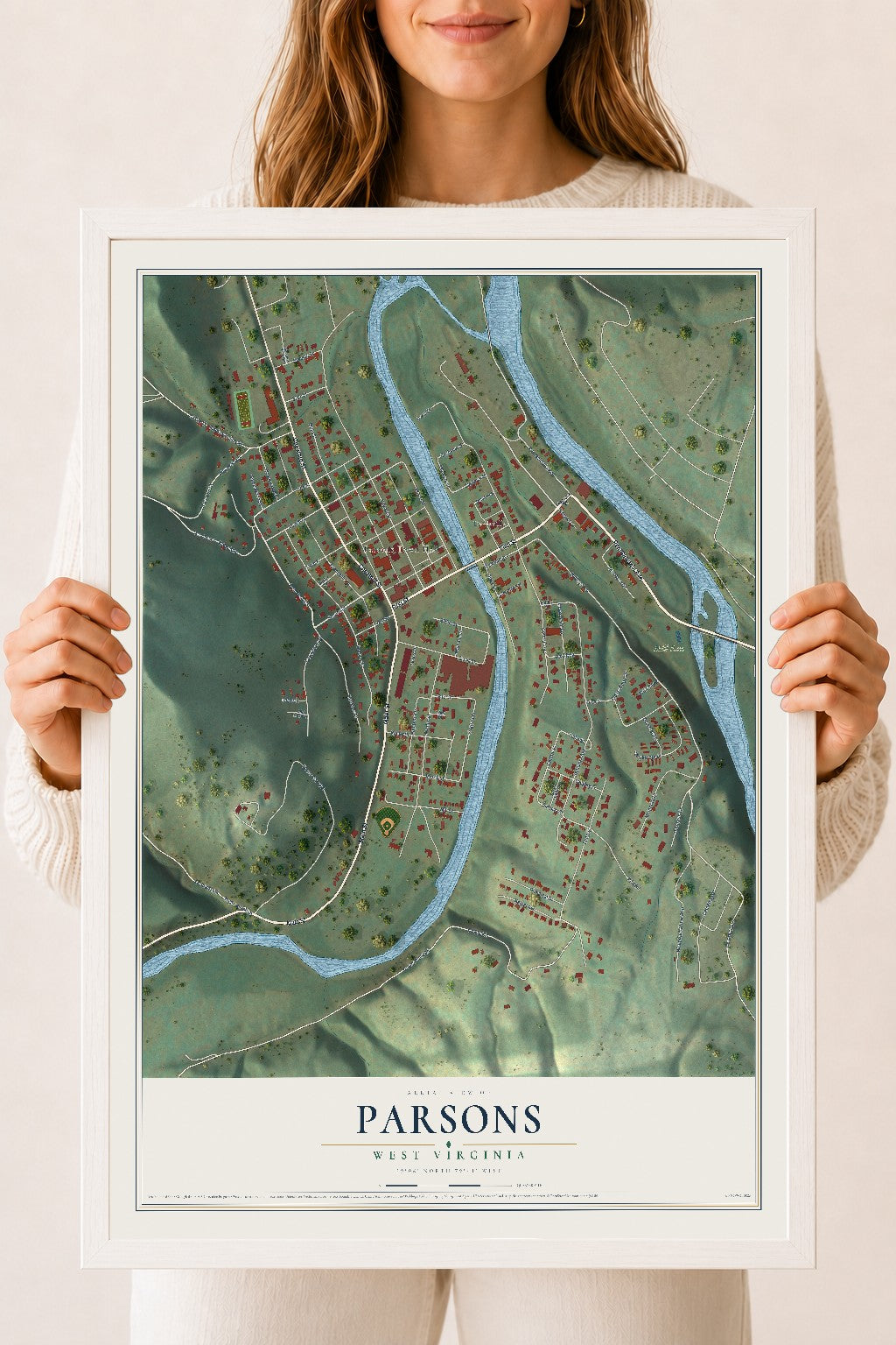 Map of Parsons, West Virginia, 18 x 24 inch print in a white wood frame