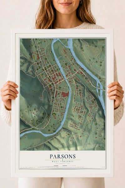 Map of Parsons, West Virginia, 18 x 24 inch print in a white wood frame
