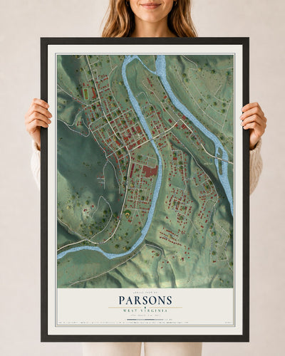 Map of Parsons, West Virginia, 24 x 36 inch print in a black wood frame