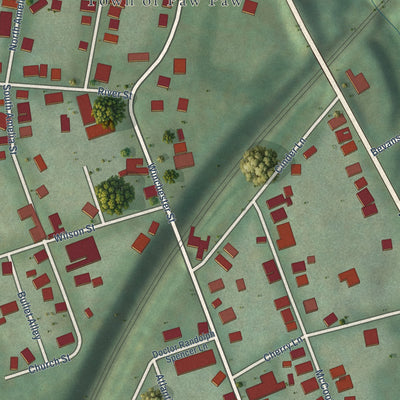 Close-up of the map of Paw Paw, West Virginia print showing street and building detail