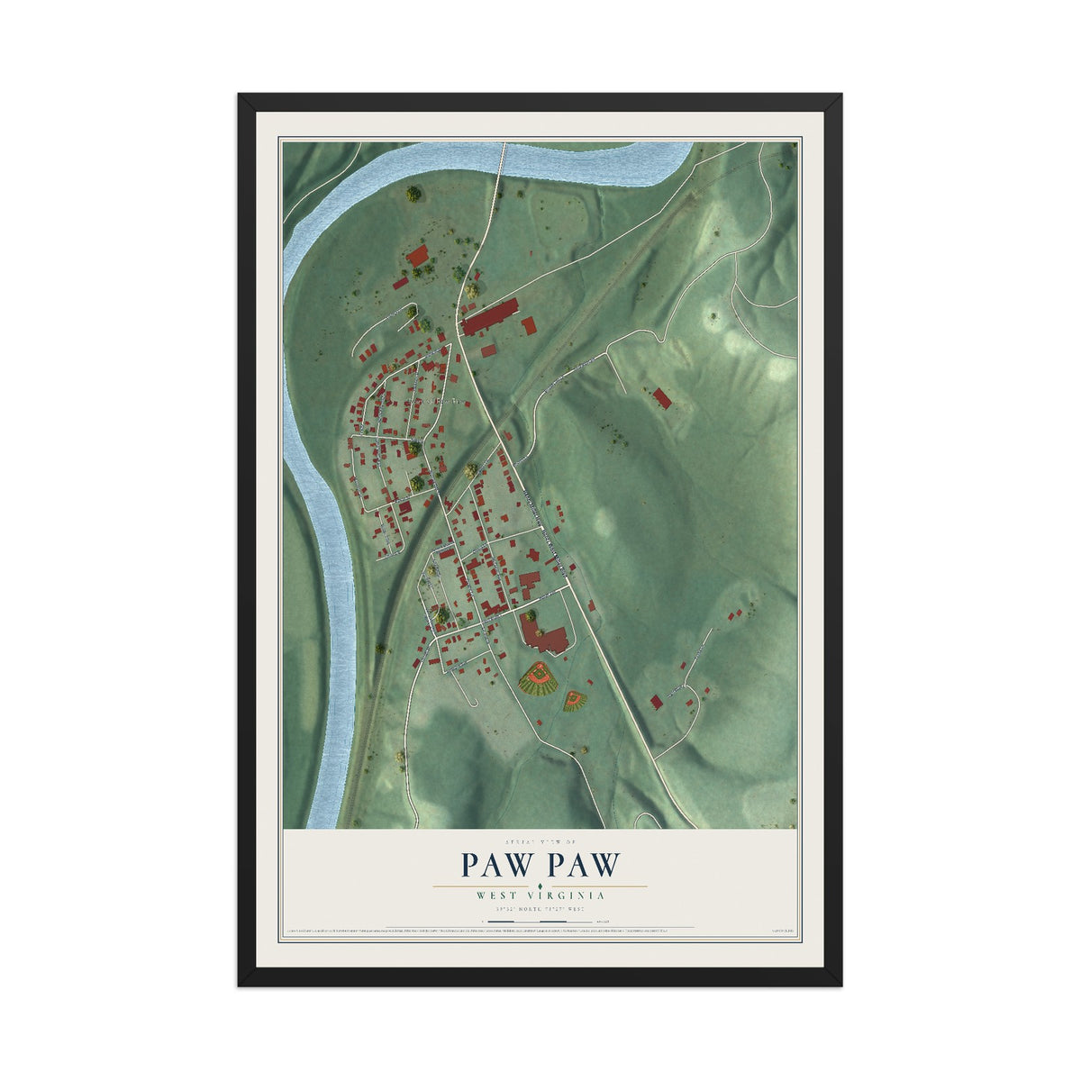 Map of Paw Paw, West Virginia, 12 x 18 inch print in a black wood frame